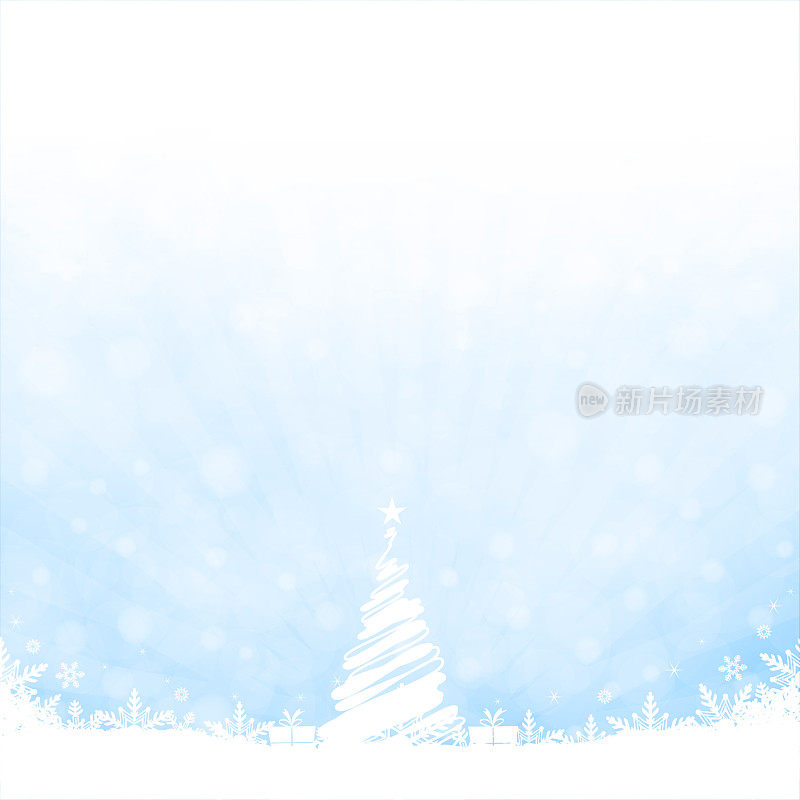 Sky blue coloured shining Christmas vector backgrounds with snowflakes and snow at the bottom and a white coloured abstract tree with star at top